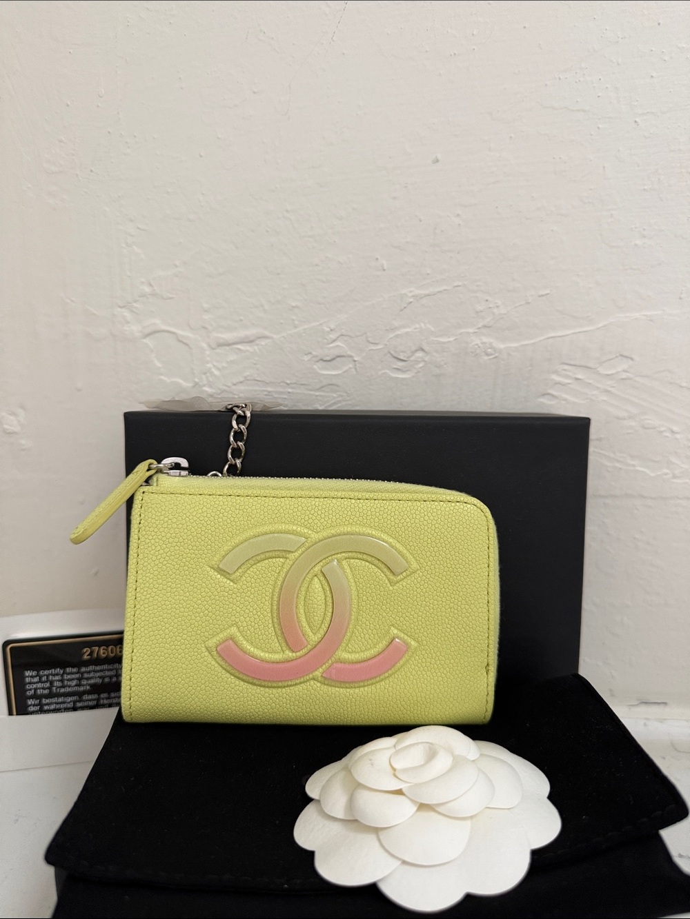 CHANEL Lemon Yellow CC Logo Key Card Holder with Chain